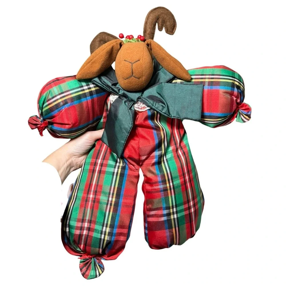 Vintage 90s Christmas‎ Reindeer Plush Stuffed Animal Tartan Plaid Sitter Nylon